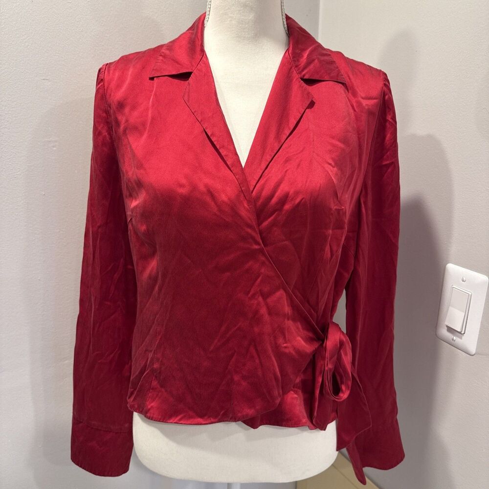 Spenser Jeremy Red Silk Sz 8 Long Sleeve Wrap Blouse Lined shirt top